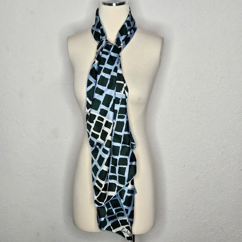 Echo Silk Scarf Green Blue White Geometric Grid Abstract Oblong Wrap Hand Rolled